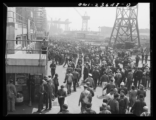 Bethlehem-Fairfield shipyards, Baltimore, Maryland. Workers changing shifts