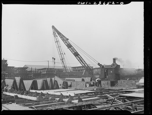 Bethlehem-Fairfield shipyards, Baltimore, Maryland. Preassemblying deck houses