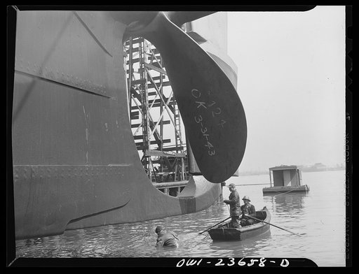 Bethlehem-Fairfield shipyards, Baltimore, Maryland. Inspecting the outboard launching ways