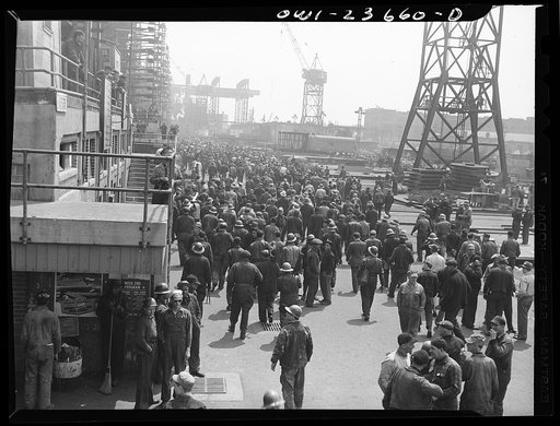 Bethlehem-Fairfield shipyards, Baltimore, Maryland. Workers changing shifts