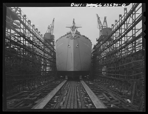 Bethlehem-Fairfield shipyards, Baltimore, Maryland. A vessel sliding down the ways