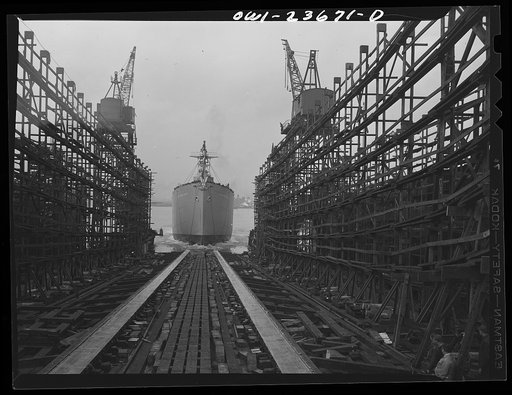 Bethlehem-Fairfield shipyards, Baltimore, Maryland. A ship almost clear of the launching ways