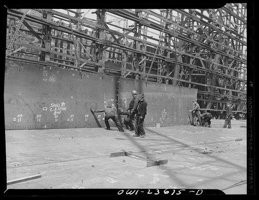 Bethlehem-Fairfield shipyards, Baltimore, Maryland. Erecting bottom shell plating
