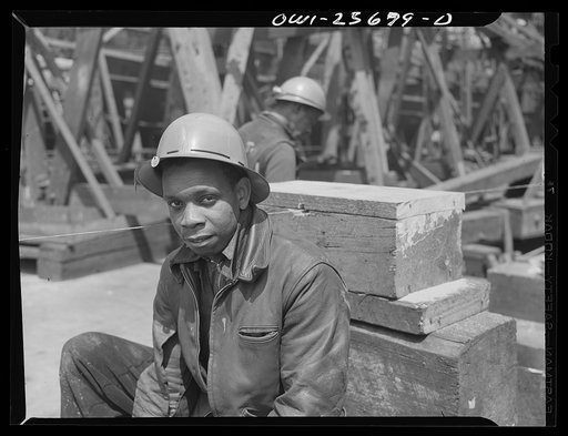 Bethlehem-Fairfield shipyards, Baltimore, Maryland. A Negro shipyard worker. Bethlehem-Fairfield shipyards, Baltimore, Maryland. Setting the keel blocks