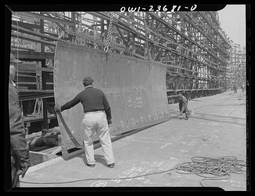 Bethlehem-Fairfield shipyards, Baltimore, Maryland. Erecting a bottom shell plate