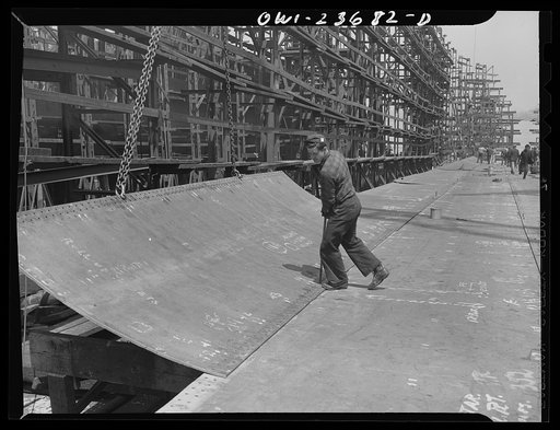 Bethlehem-Fairfield shipyards, Baltimore, Maryland. Erecting a bottom shell plate