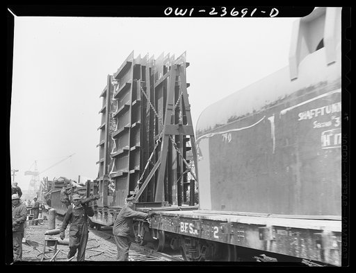 Bethlehem-Fairfield shipyards, Baltimore, Maryland. Sub-assembled sections at the ways awaiting erection