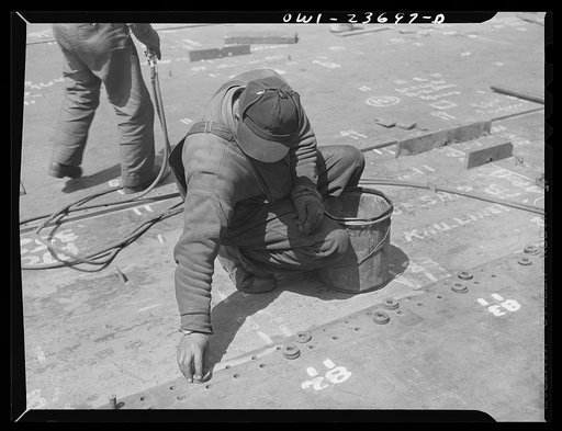 Bethlehem-Fairfield shipyards, Baltimore, Maryland. Bolting up bottom shell plating