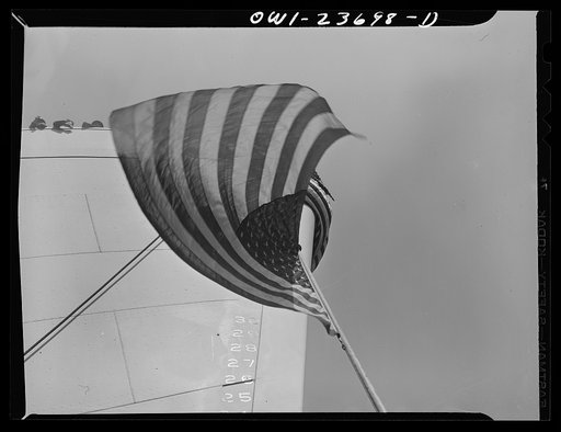 Bethlehem-Fairfield shipyards, Baltimore, Maryland. Bow of a Liberty ship just before a launching ceremony
