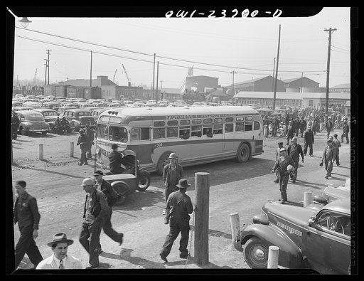 Bethlehem-Fairfield shipyards, Baltimore, Maryland. Day shift leaving the yard