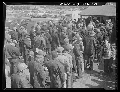 Bethlehem-Fairfield shipyards, Baltimore, Maryland. Workers cashing their pay checks