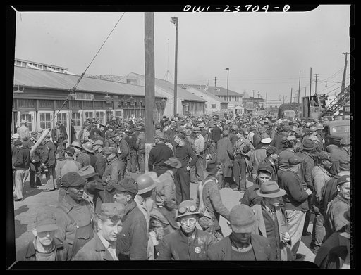 Bethlehem-Fairfield shipyards, Baltimore, Maryland. Workers changing shifts