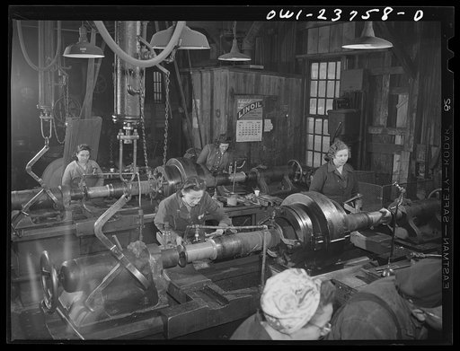 Untitled photo, possibly related to: Buffalo, New York. Women operating lathes at the New York Car Wheel Company, makers of locomotive wheels for the railroads. The company never hired women until recently and most of these women are still learning to use the machines