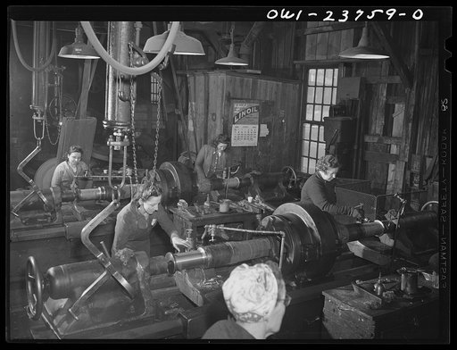 Buffalo, New York. Women operating lathes at the New York Car Wheel Company, makers of locomotive wheels for the railroads. The company never hired women until recently and most of these women are still learning to use the machines