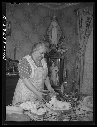 Buffalo, New York. Housewife in the Polish community preparing her Easter feast for blessing by the priest on the Saturday before Easter. For Poles, Easter is a day of church going feasting and visiting. This woman spent a whole day preparing the food and the priest will visit her home and bless it