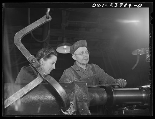 Buffalo, New York. Woman learning to operate an axle lathe at the New York Car Wheel Company, makers of locomotive wheels for the railroads