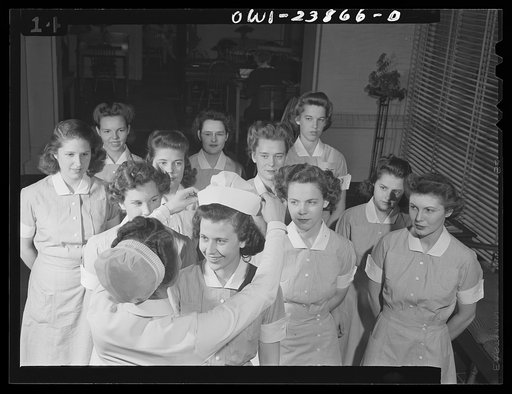 High point in the student nurse's career is the meaningful "capping" ceremony which takes place after students have completed the preliminary portion of their training. Here, Frances Bullock, nineteen-year-old student nurse, receives her cap