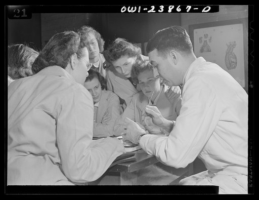 As a student nurse, Frances Bullock, learns the intricacies of brain structure in anatomy course. During initial months of nursing school training, students alternate between classroom and ward activities