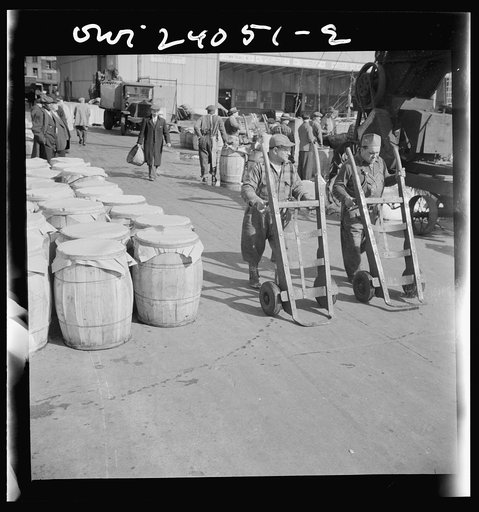 New York, New York. Dock scene, Fulton fish market