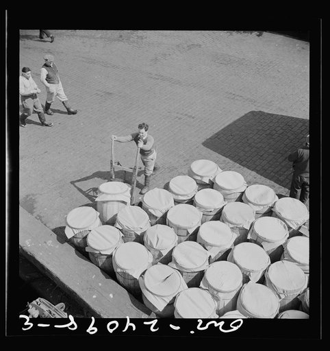 New York, New York. Barrels of fish on the docks at Fulton fish market ready to be shipped to retailers