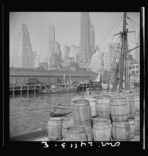 New York, New York. Barrels for loading fish at the Fulton fish market