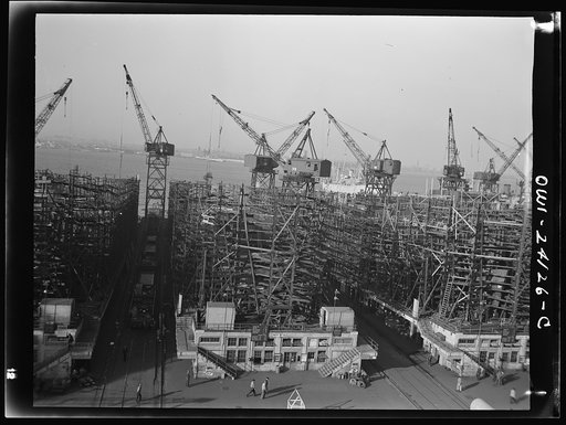 Untitled photo, possibly related to: Baltimore, Maryland. Way no. 8 of the Bethlehem-Fairfield shipyards, showing the Liberty ship Frederick Douglass in its early stage of construction