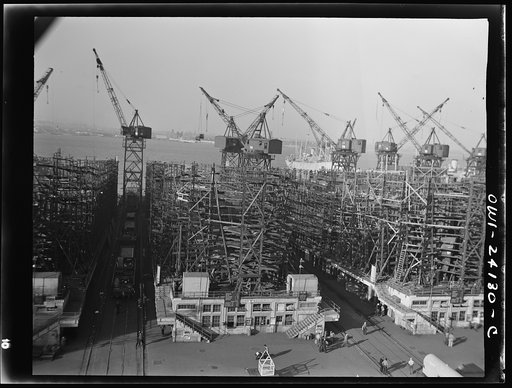Untitled photo, possibly related to: Baltimore, Maryland. Way no. 8 of the Bethlehem-Fairfield shipyards, showing the Liberty ship Frederick Douglass in its early stage of construction