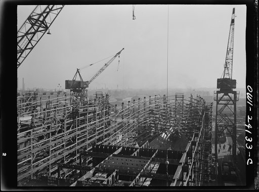 Untitled photo, possibly related to: Baltimore, Maryland. The rear parts of the Liberty ship Frederick Douglass in an early stage of construction at the Bethlehem-Fairfield shipyards