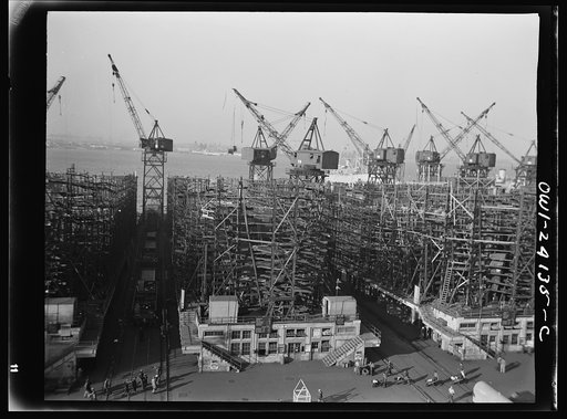 Baltimore, Maryland. Way no. 8 of the Bethlehem-Fairfield shipyards, showing the Liberty ship Frederick Douglass in its early stage of construction