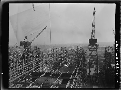 Untitled photo, possibly related to: Baltimore, Maryland. The rear parts of the Liberty ship Frederick Douglass in an early stage of construction at the Bethlehem-Fairfield shipyards