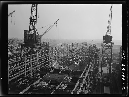 Untitled photo, possibly related to: Baltimore, Maryland. Electric welders at work on the Liberty ship Frederick Douglass at the Bethlehem-Fairfield shipyards