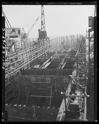 Baltimore, Maryland. Building the SS Frederick Douglass. A general view of the ship looking towards stern, as it appeared one week after the hull was laid. More than 6,000 Negro shipyard workers are employed at the Bethlehem-Fairfield shipyards, where the Liberty ship is being rushed to completion. 