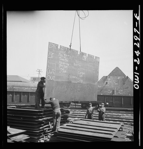 Bethlehem-Fairfield shipyards, Baltimore, Maryland. Storing miscellaneous bulkheads in a stockyard