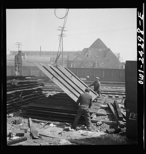 Bethlehem-Fairfield shipyards, Baltimore, Maryland. Storing miscellaneous bulkheads in a stockyard