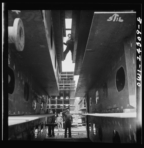 Bethlehem-Fairfield shipyards, Baltimore, Maryland. Innerbottom units in storage