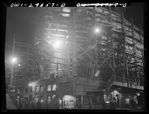 Bethlehem-Fairfield shipyards, Baltimore, Maryland. Working on a forepeak at night