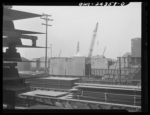 Bethlehem-Fairfield shipyards, Baltimore, Maryland. Cars awaiting unloading in a stockyard