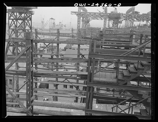 Bethlehem-Fairfield shipyards, Baltimore, Maryland. Looking toward the outfitting piers