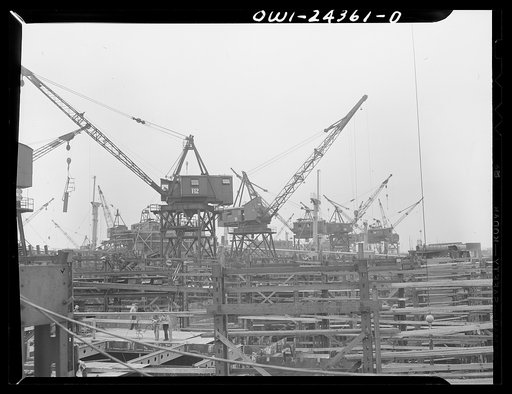Bethlehem-Fairfield shipyards, Baltimore, Maryland. Looking cross the ways
