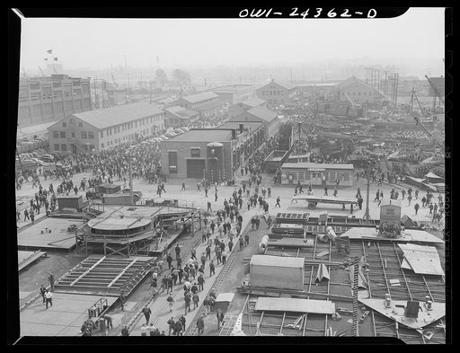 Bethlehem-Fairfield shipyards, Baltimore, Maryland. Changing shifts at 3:30