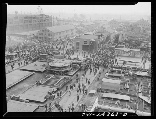 Bethlehem-Fairfield shipyards, Baltimore, Maryland. Changing shifts at 3:30