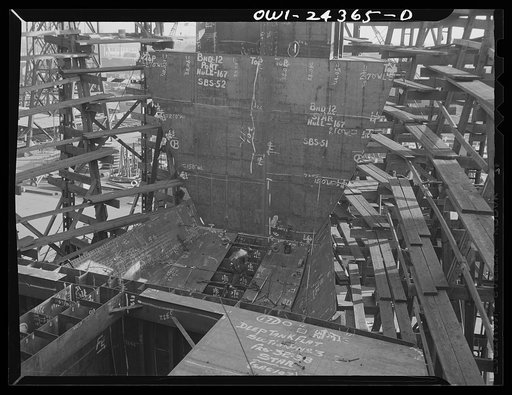 Bethlehem-Fairfield shipyards, Baltimore, Maryland. A collision bulkhead in the background