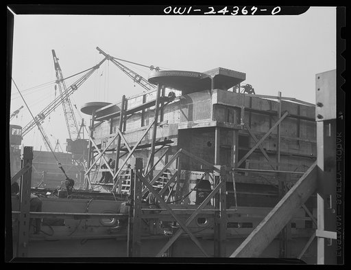 Bethlehem-Fairfield shipyards, Baltimore, Maryland. Forward end of a midship deck house