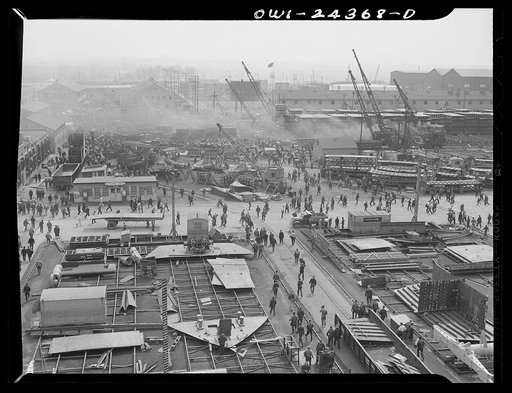 Bethlehem-Fairfield shipyards, Baltimore, Maryland. Changing shifts at 3:30
