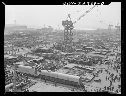 Bethlehem-Fairfield shipyards, Baltimore, Maryland. A view of sub-assembly space at the head of the ways