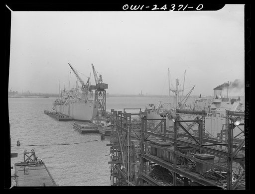 Bethlehem-Fairfield shipyards, Baltimore, Maryland. General view of the outfitting pier