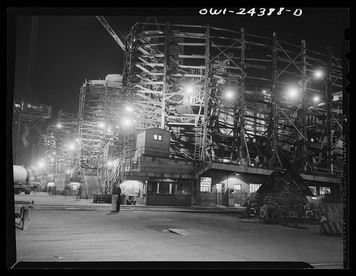 Bethlehem-Fairfield shipyards, Baltimore, Maryland. General view of the ways at night
