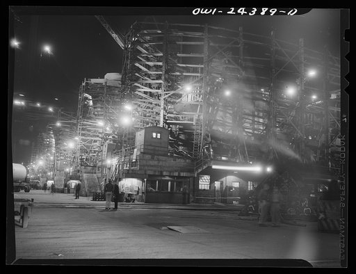 Untitled photo, possibly related to: Bethlehem-Fairfield shipyards, Baltimore, Maryland. General view of the ways at night