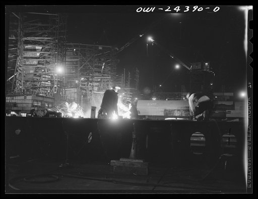 Untitled photo, possibly related to: Bethlehem-Fairfield shipyards, Baltimore, Maryland. A general view of the ways at night