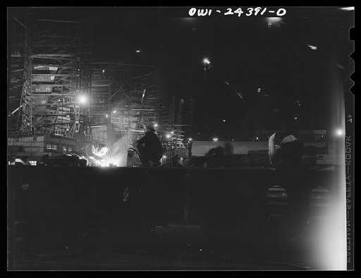 Untitled photo, possibly related to: Bethlehem-Fairfield shipyards, Baltimore, Maryland. A general view of the ways at night
